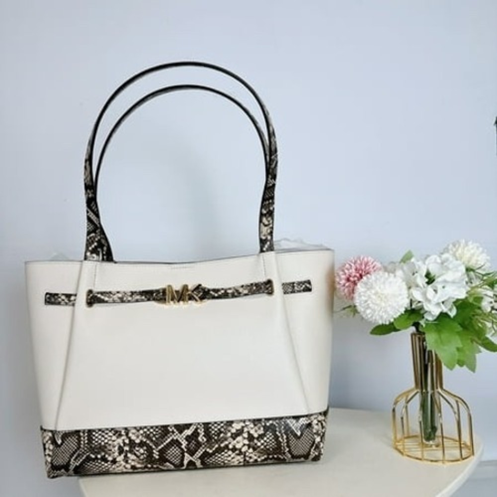 Michael Kors Reed Tote in LT Cream with Snake Skin Pattern Accents